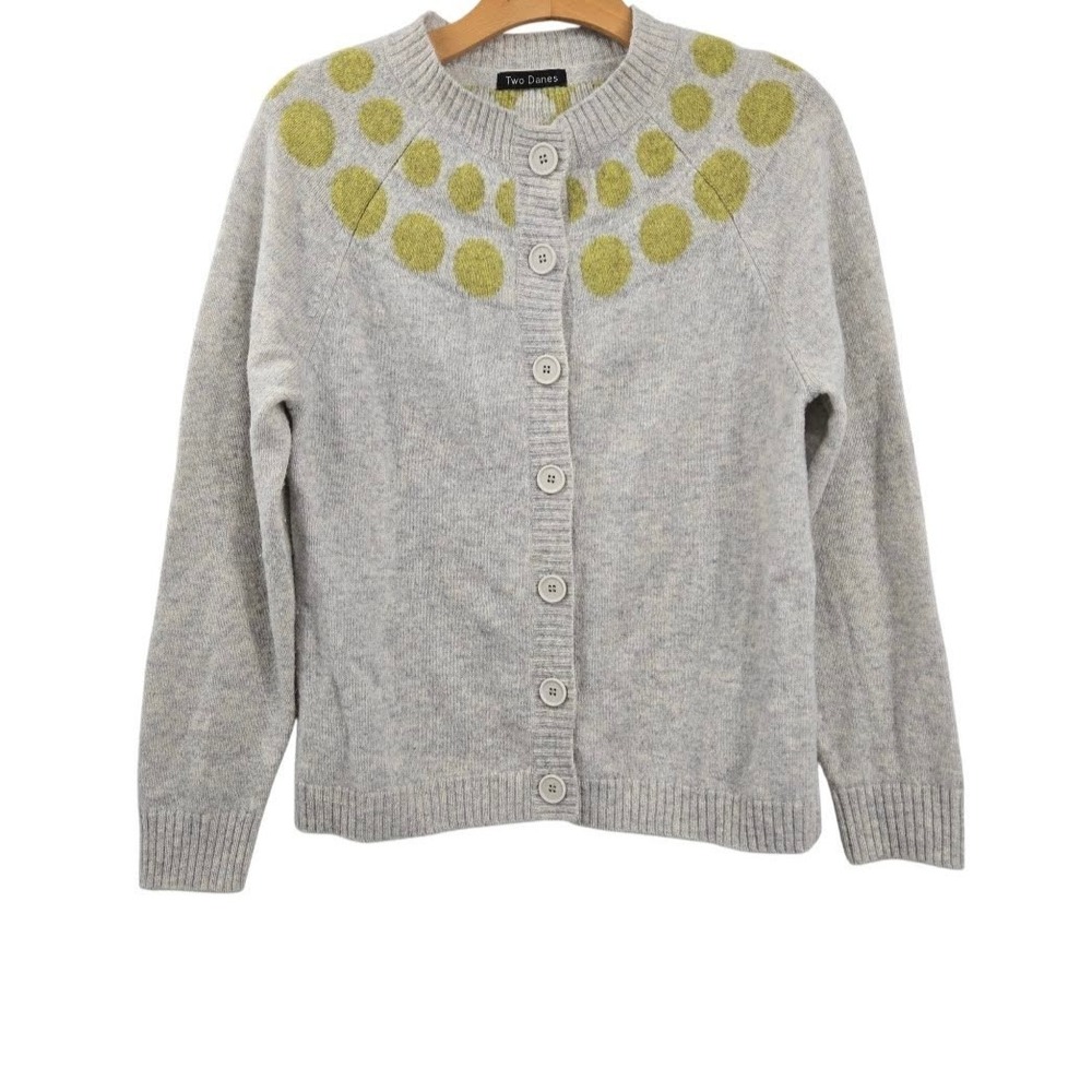 Two Danes Lambswool Cardigan Heather Grey Lime‎ Green Polka Dot Button Front S